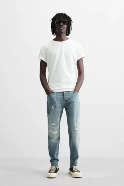 ZARA Calças De Ganga^JEANS SKINNY FIT COM RASGÕES Azul / Verde