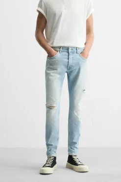 ZARA Calças De Ganga^JEANS SKINNY FIT COM RASGÕES Azul-claro