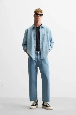 ZARA Calças De Ganga^JEANS STRAIGHT CROPPED FIT Azul-claro