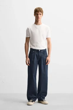 ZARA Calças De Ganga^JEANS STRAIGHT FIT COM PREGAS Azul
