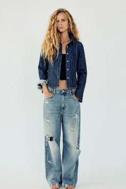 ZARA Jeans^JEANS TRF BAGGY BALLOON COM RASGÕES CINTURA MÉDIA Azul