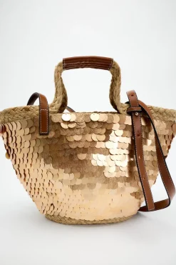 ZARA Malas^MALA CESTA LANTEJOULAS Dourado