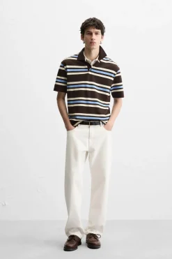 ZARA Polos^POLO COM ESTRUTURA PIQUÉ ÀS RISCAS Castanho-Azul