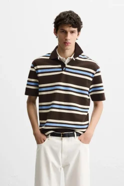 ZARA Polos^POLO COM ESTRUTURA PIQUÉ ÀS RISCAS Castanho-Azul