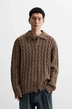 ZARA Camisola / Casacos|Polos^POLO DE MALHA COM TRANÇAS E EFEITO ROTO Castanho