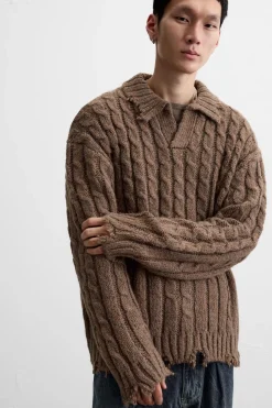 ZARA Camisola / Casacos|Polos^POLO DE MALHA COM TRANÇAS E EFEITO ROTO Castanho