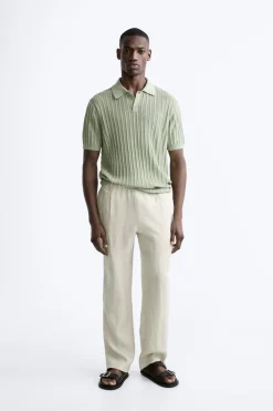 ZARA Camisola / Casacos|Polos^POLO DE MALHA DE ALGODÃO E LINHO Verde-água