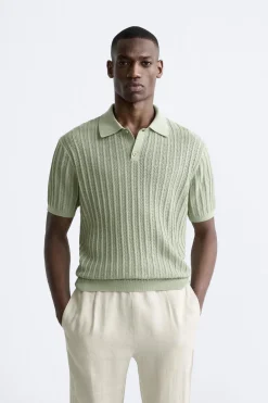 ZARA Camisola / Casacos|Polos^POLO DE MALHA DE ALGODÃO E LINHO Verde-água