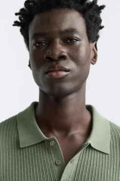 ZARA Camisola / Casacos|Polos^POLO DE MALHA DE ALGODÃO E LINHO Esverdeado