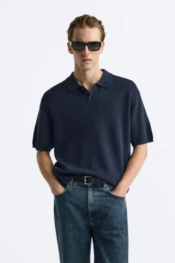 ZARA Camisola / Casacos|Polos^POLO DE MALHA EM ALGODÃO - SEDA Azul-tinta