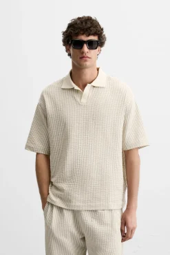 ZARA Polos^POLO JACQUARD SEERSUCKER Cru / Castanho