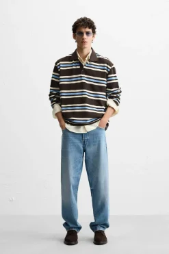 ZARA Polos^POLO PIQUÉ ÀS RISCAS Castanho-Azul
