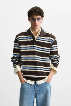 ZARA Polos^POLO PIQUÉ ÀS RISCAS Castanho-Azul