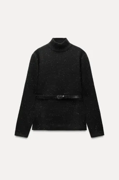 ZARA Cardigan / Camisolas|Malha^SWEATER DE MALHA COM CINTO Preto