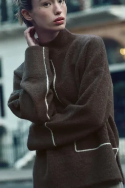 ZARA Winter Layersnew^SWEATER DE MALHA COM LINHAS VIVAS EM CONTRASTE castanho vigore