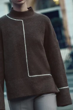 ZARA Winter Layersnew^SWEATER DE MALHA COM LINHAS VIVAS EM CONTRASTE castanho vigore