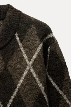 ZARA Cardigan / Camisolas|Malha^SWEATER DE MALHA COM LOSANGOS Castanho