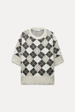 ZARA Cardigan / Camisolas|Malha^SWEATER DE MALHA COM LOSANGOS E LANTEJOULAS Cinzento