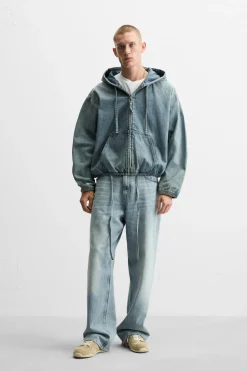 ZARA Blusões|Sweatshirts^SWEATSHIRT EM DENIM COM CAPUZ Azul