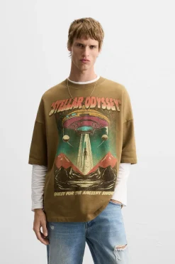 ZARA Sweatshirts|T-Shirts^SWEATSHIRT ESTAMPADO COMBINADO Castanho-escuro
