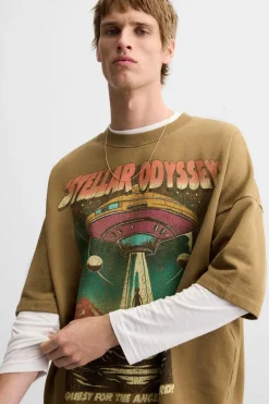 ZARA Sweatshirts|T-Shirts^SWEATSHIRT ESTAMPADO COMBINADO Castanho-escuro