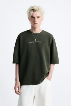 ZARA Sweatshirts|T-Shirts^SWEATSHIRT LAVADA COM MENSAGEM Caqui