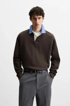 ZARA Polos^SWEATSHIRT POLO COM GOLA COMBINADA Castanho