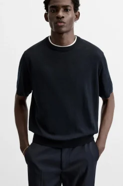 ZARA Camisola / Casacos|T-Shirts^T-SHIRT DE MALHA 100% LÃ LIMITED EDITION Azul-marinho