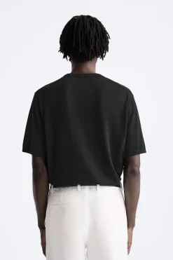 ZARA Camisola / Casacos|T-Shirts^T-SHIRT DE MALHA ALGODÃO - SEDA Preto