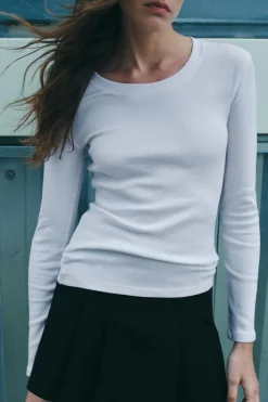 ZARA Sweatshirts / Joggers|T-Shirts^T-SHIRT DE MANGA COMPRIDA COM NERVURAS Branco
