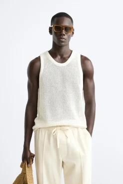 ZARA Camisola / Casacos|T-Shirts^T-SHIRT MANGA À CAVA DE MALHA Cru