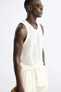 ZARA Camisola / Casacos|T-Shirts^T-SHIRT MANGA À CAVA DE MALHA Cru