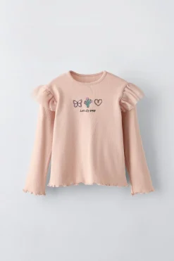 T-SHIRT RIB COM BORDADOS E FOLHOS-ZARA Outlet