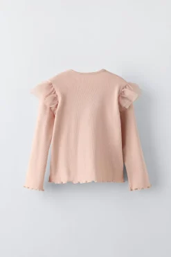 T-SHIRT RIB COM BORDADOS E FOLHOS-ZARA Outlet