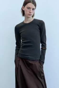 ZARA Sweatshirts / Joggers|T-Shirts^T-SHIRT RIB EFEITO LAVADO MANGA COMPRIDA Cinzento-escuro