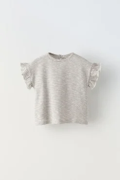 T-SHIRT ÀS RISCAS COM FOLHOS-ZARA Fashion