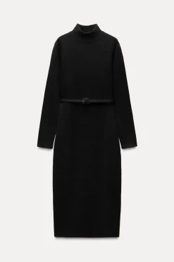 ZARA Vestidos|Cardigan / Camisolas^VESTIDO DE MALHA COM CINTO Preto