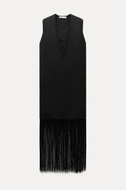 ZARA Vestidos|Cardigan / Camisolas^VESTIDO DE MALHA COM FRANJAS Preto